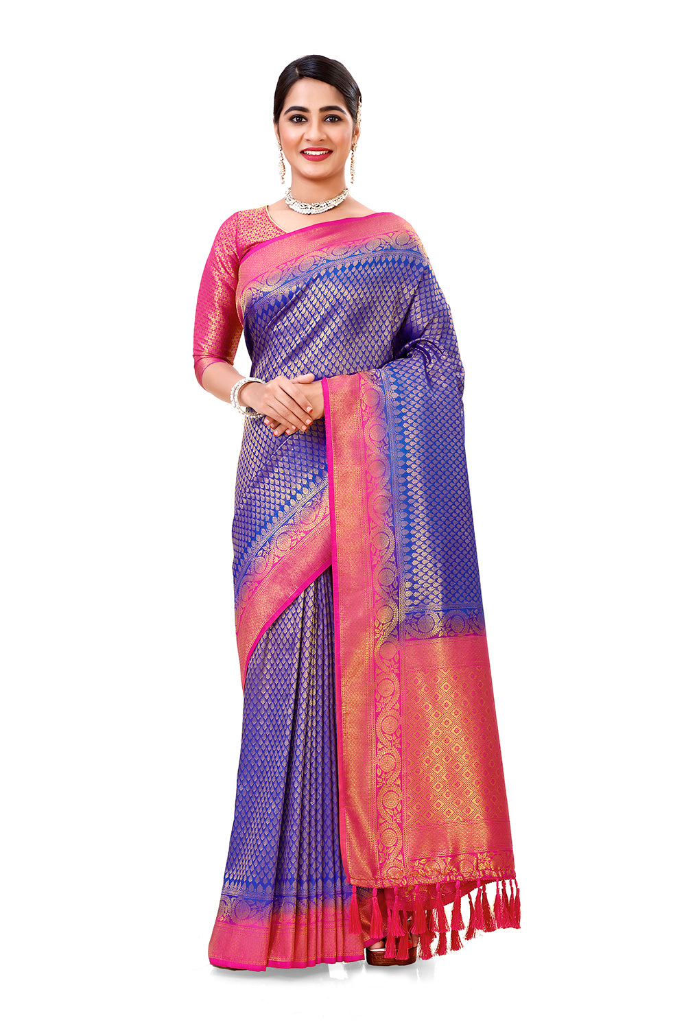 Shop Pink Kanjivaram Sari Online in USA with Green Blue Check