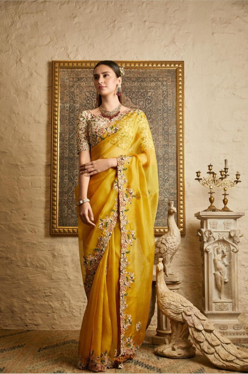 Yellow color heavy designer saree for rich look – Joshindia