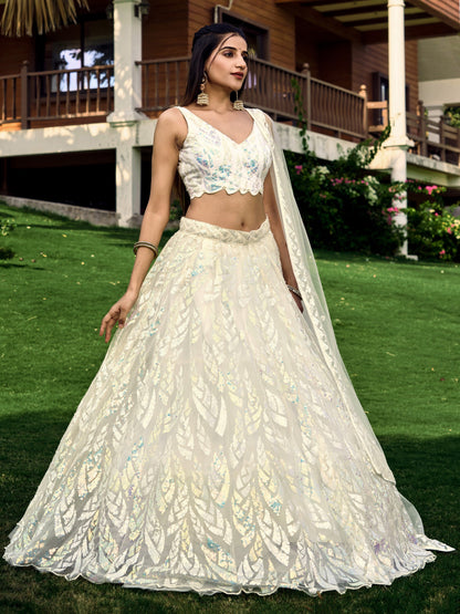 White breezy lehenga crafted with thread embroidery work