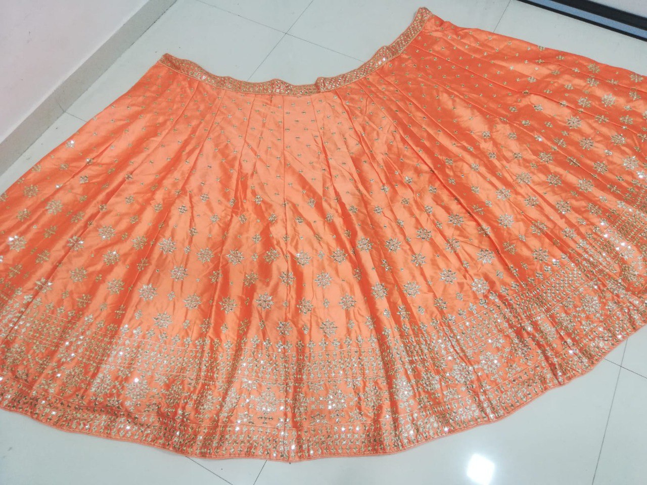 Delightful Orange Sequins, Zari with Embroidered Devsena Silk Lehenga Choli - Joshindia