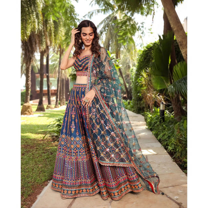 Designer Blue Multi Color Thread Embroidery Lehenga Choli