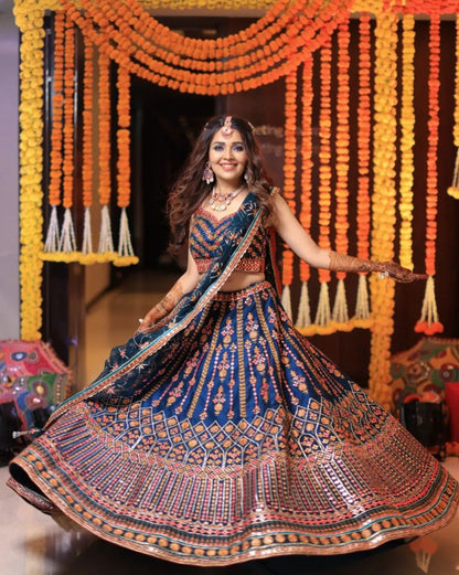 Designer Blue Multi Color Thread Embroidery Lehenga Choli