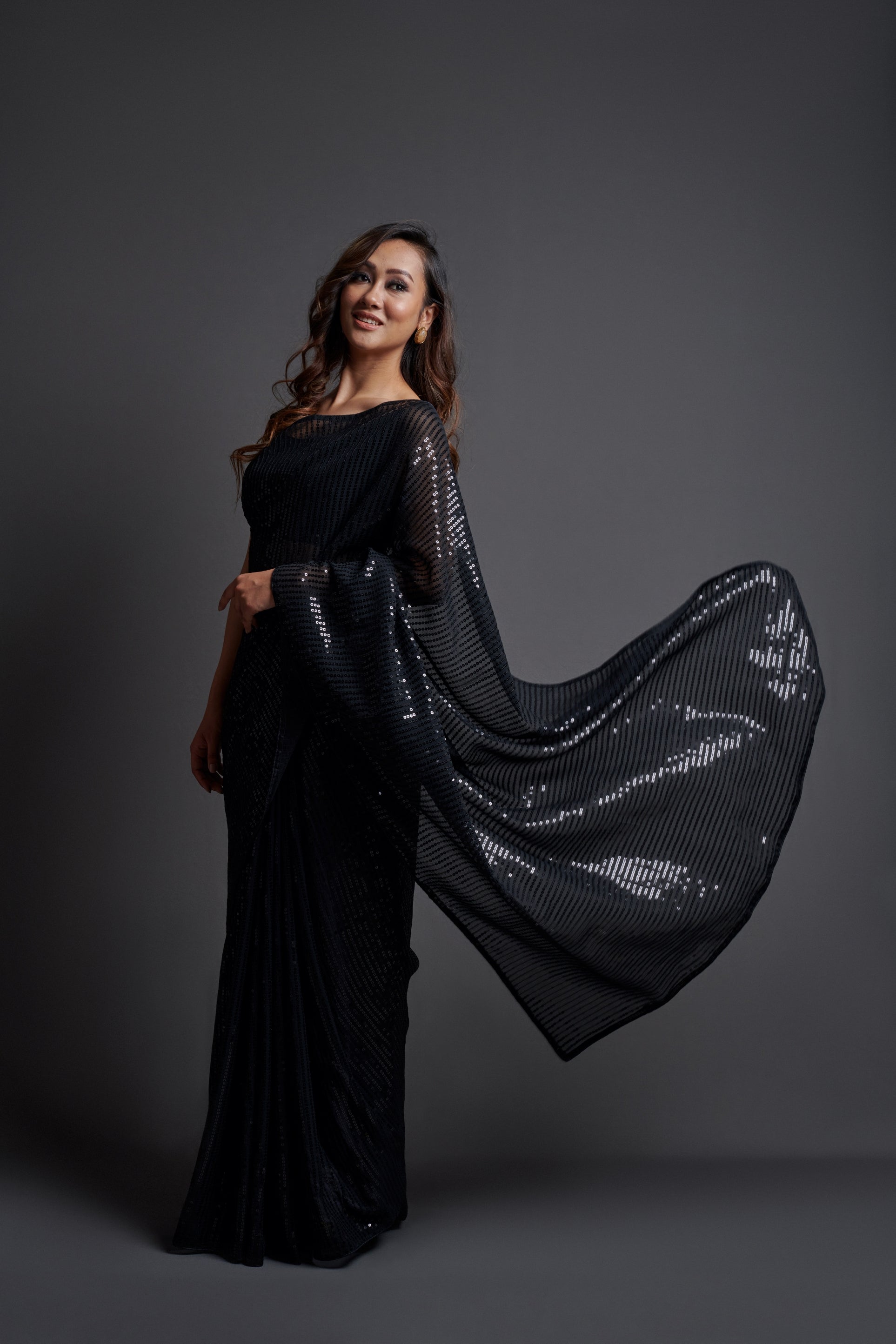 Black Saree With Stitched Blouse, Designer Saree, Sequins Work Saree For  Women | eBay