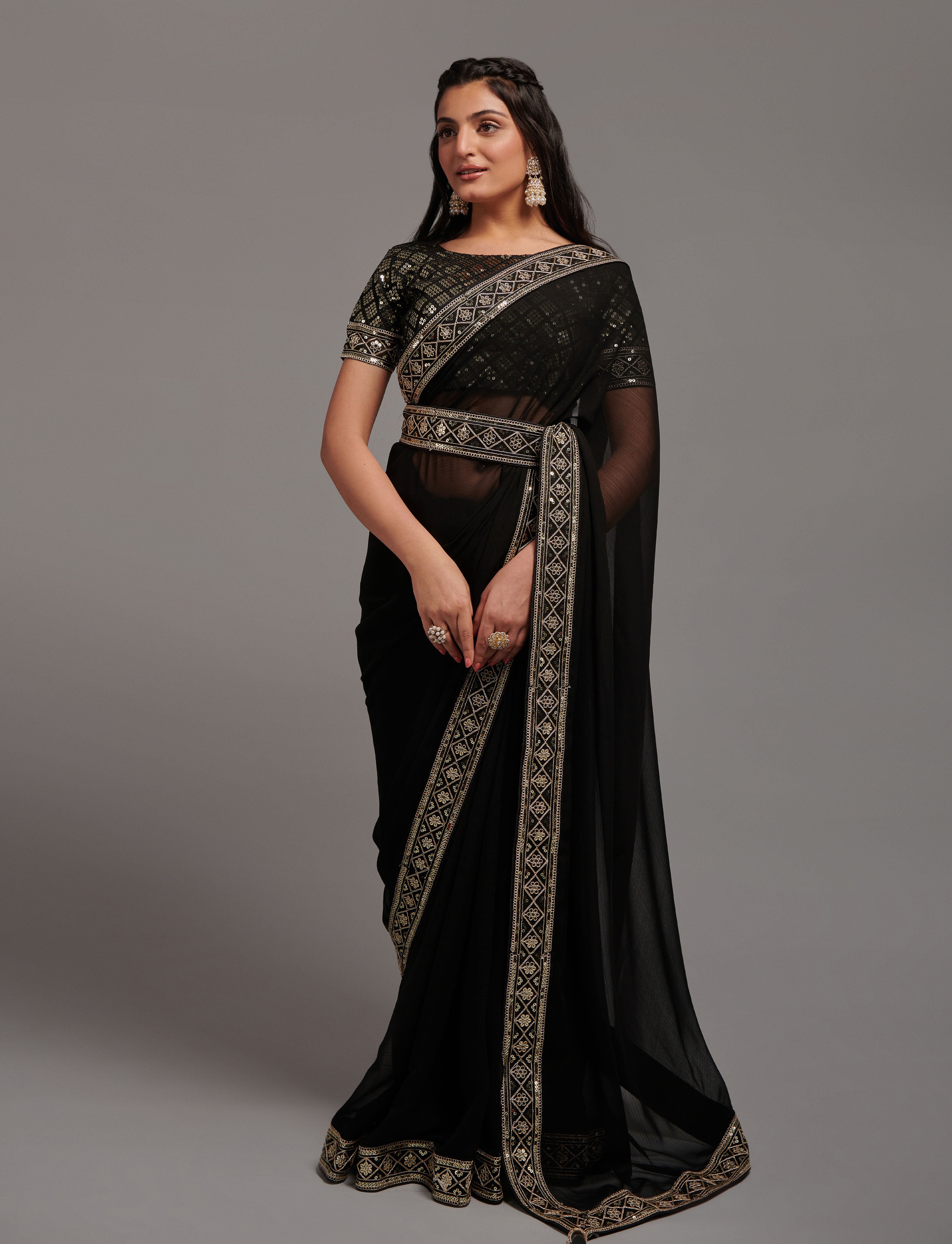 Buy Black Saree In Self Embroidered Net With Tasseled Cape Online - Kalki  Fashion