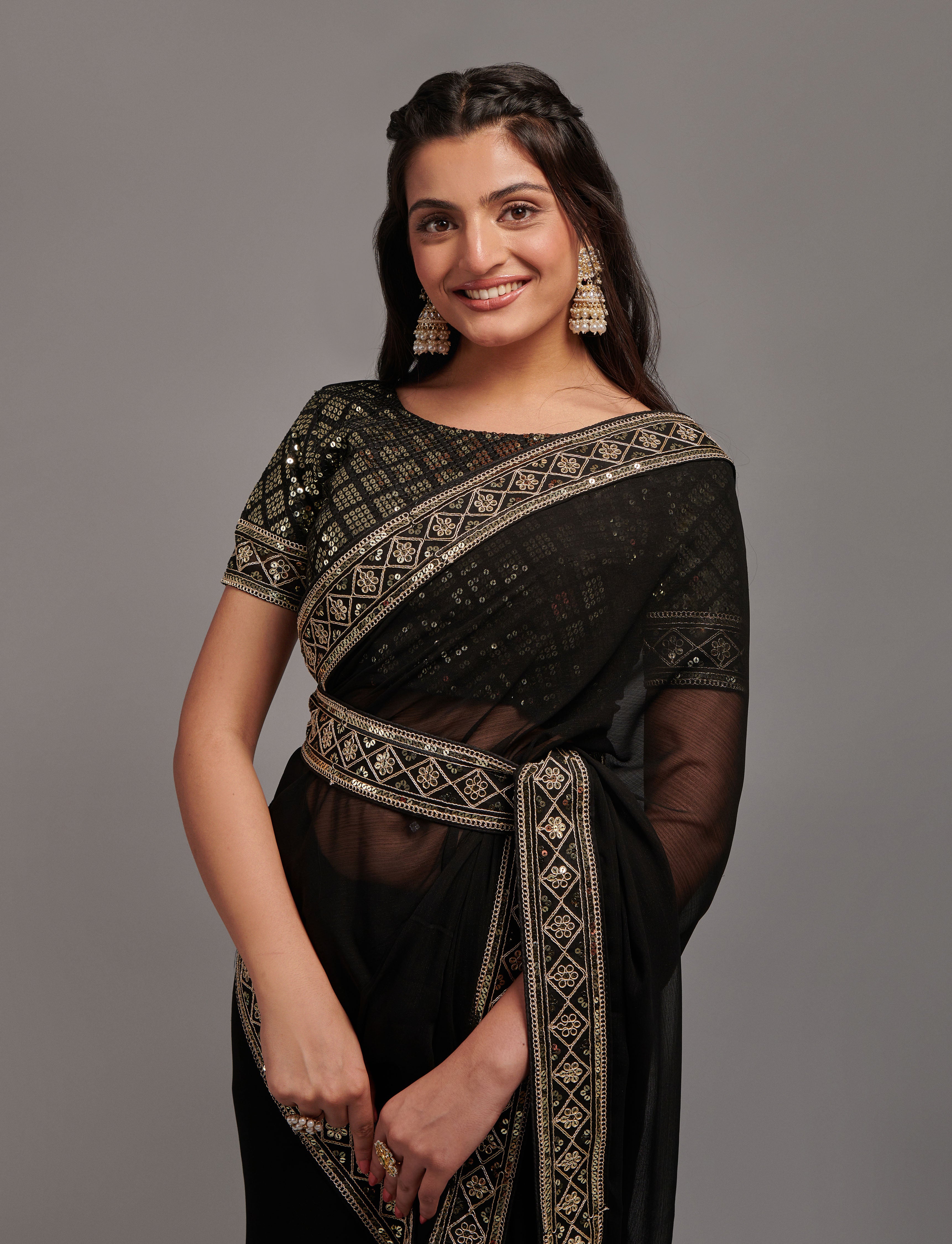 Buy Black Silk Cotton Saree Online With Golden Border – TWINIV