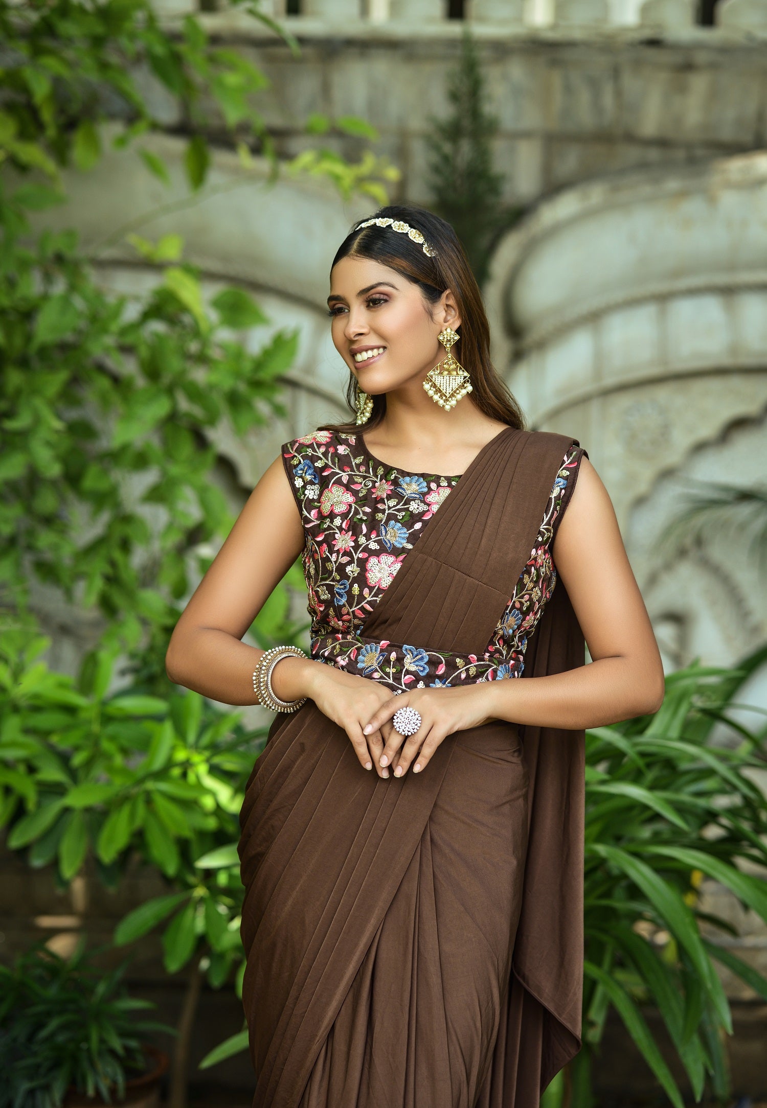 Mul Cotton Brown Ruffle Saree With Sequins|Smoked Quartz|Suta