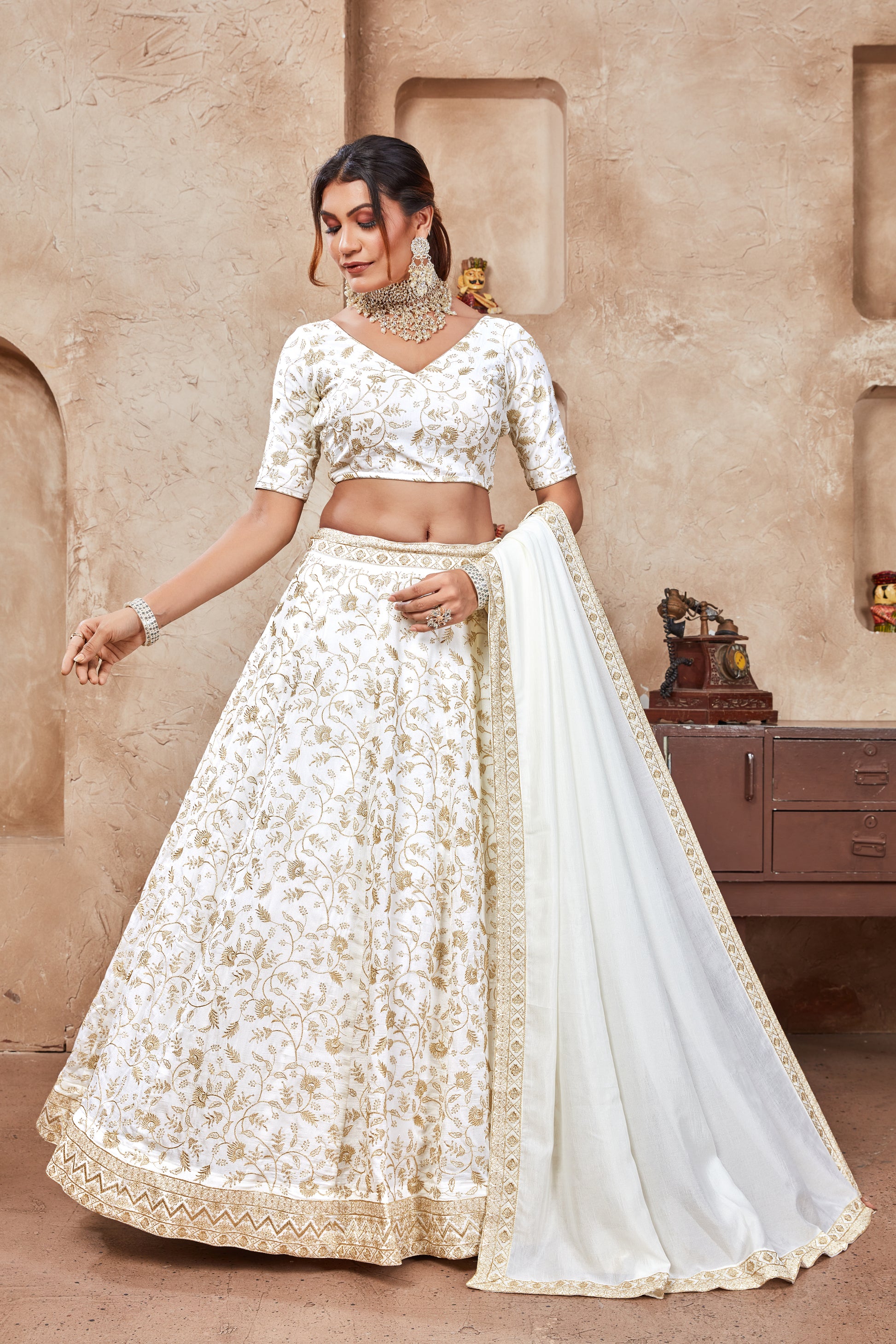 Lovely White Sequins & Embroidered  Lehenga - Joshindia