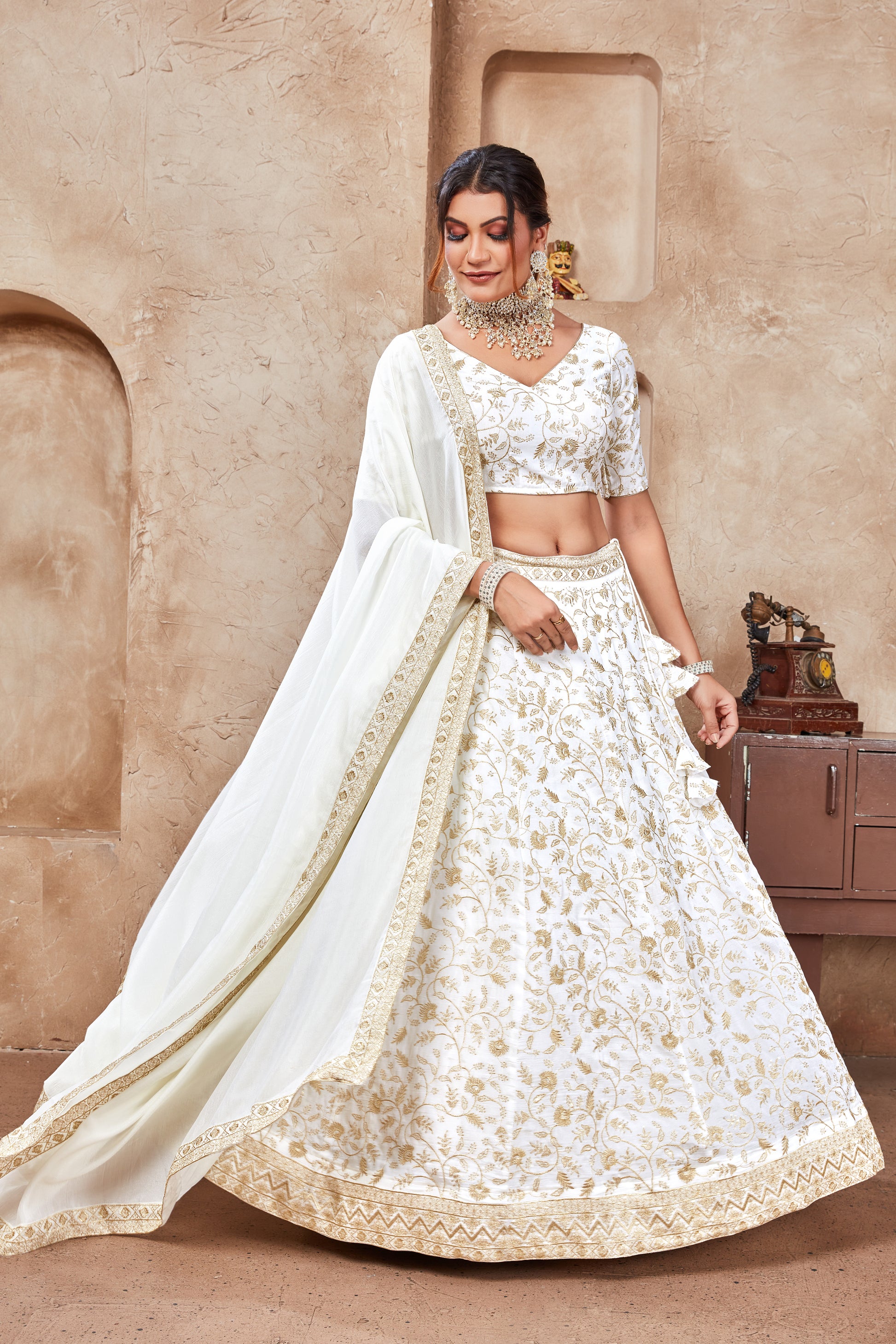 Lovely White Sequins & Embroidered  Lehenga - Joshindia