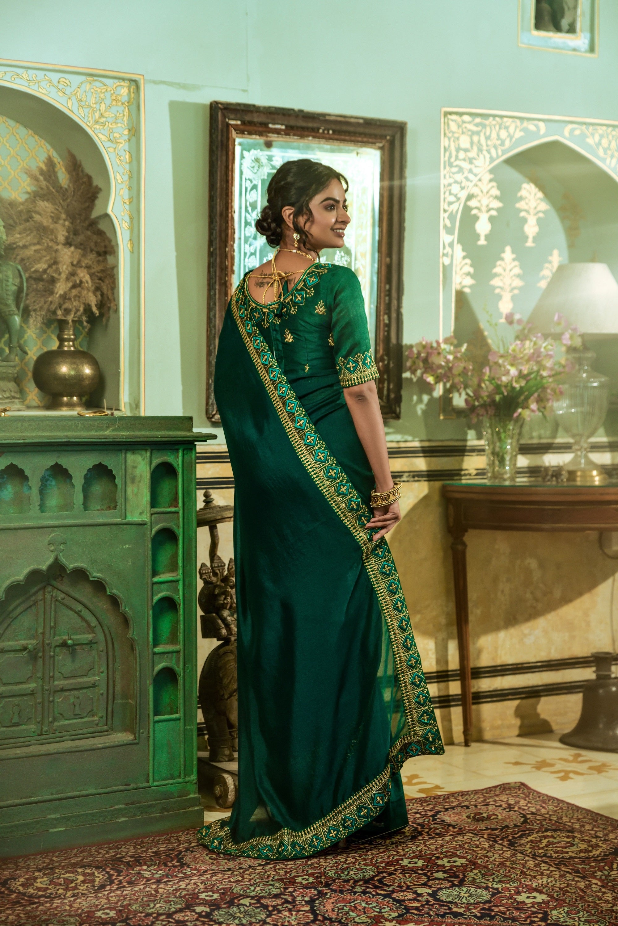 Emerald Green Saree | Blouses for women, Saree, Embellished blouse