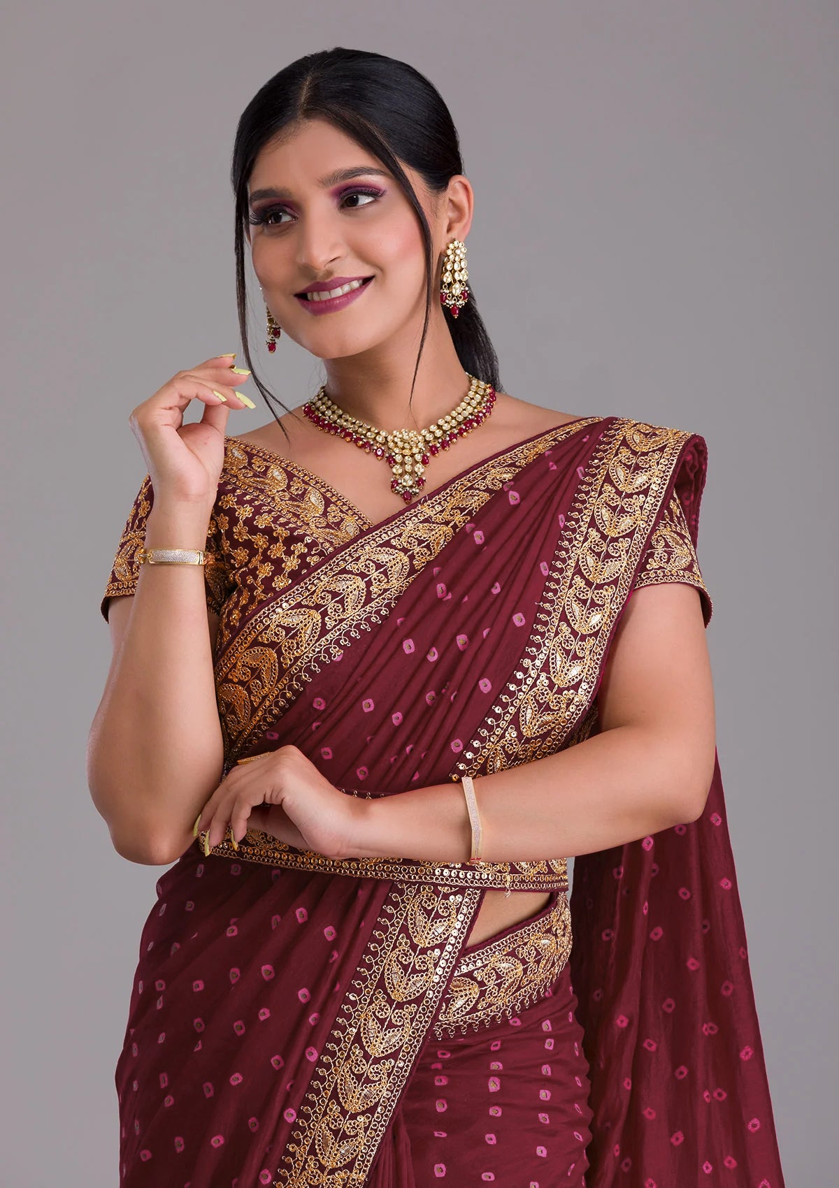 Buy Faux Georgette Maroon Saree Online -