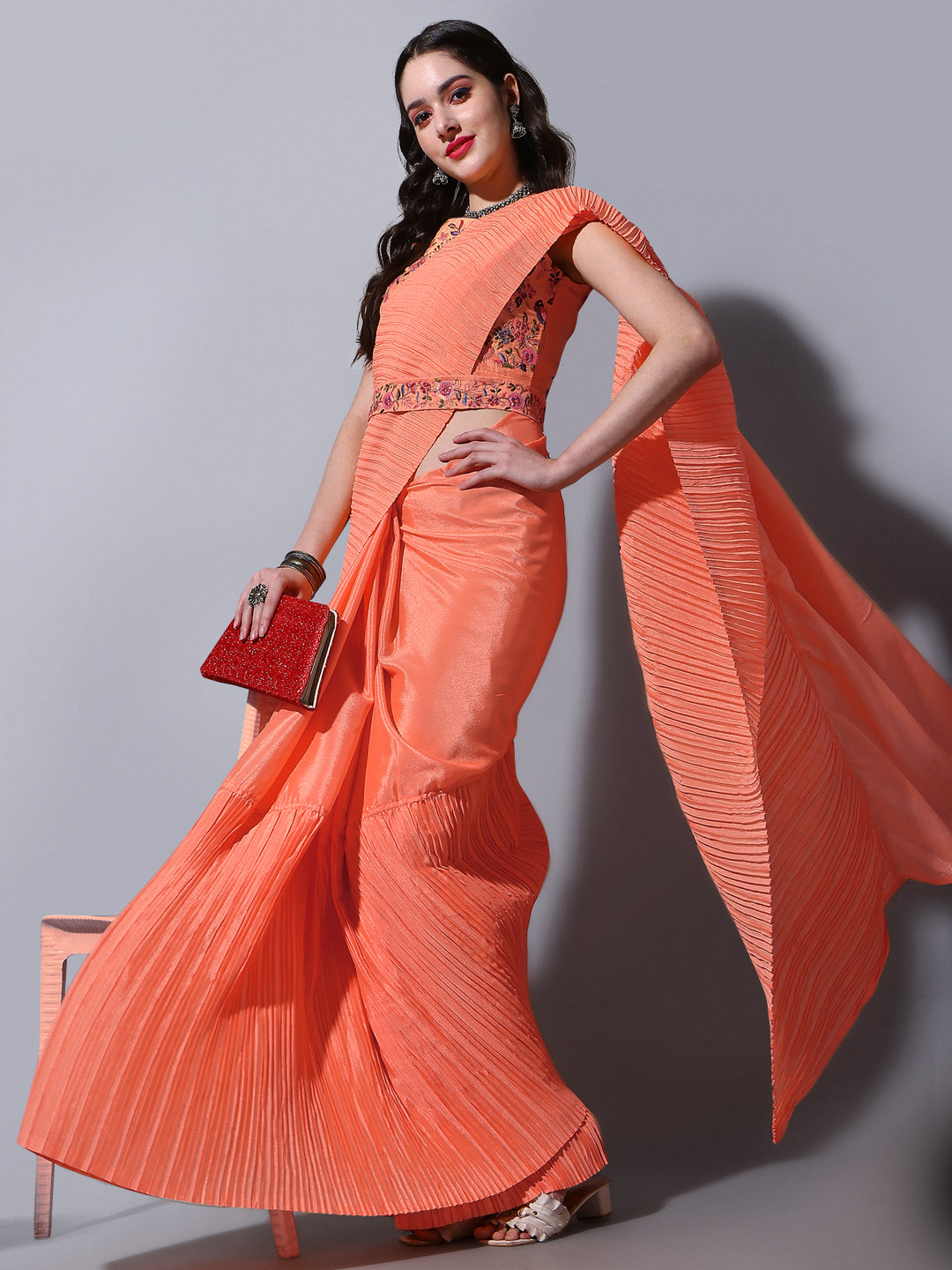 Geroo Jaipur Orange Chiffon Embellished Mukaish Saree with Unstitched –  Nykaa Fashion