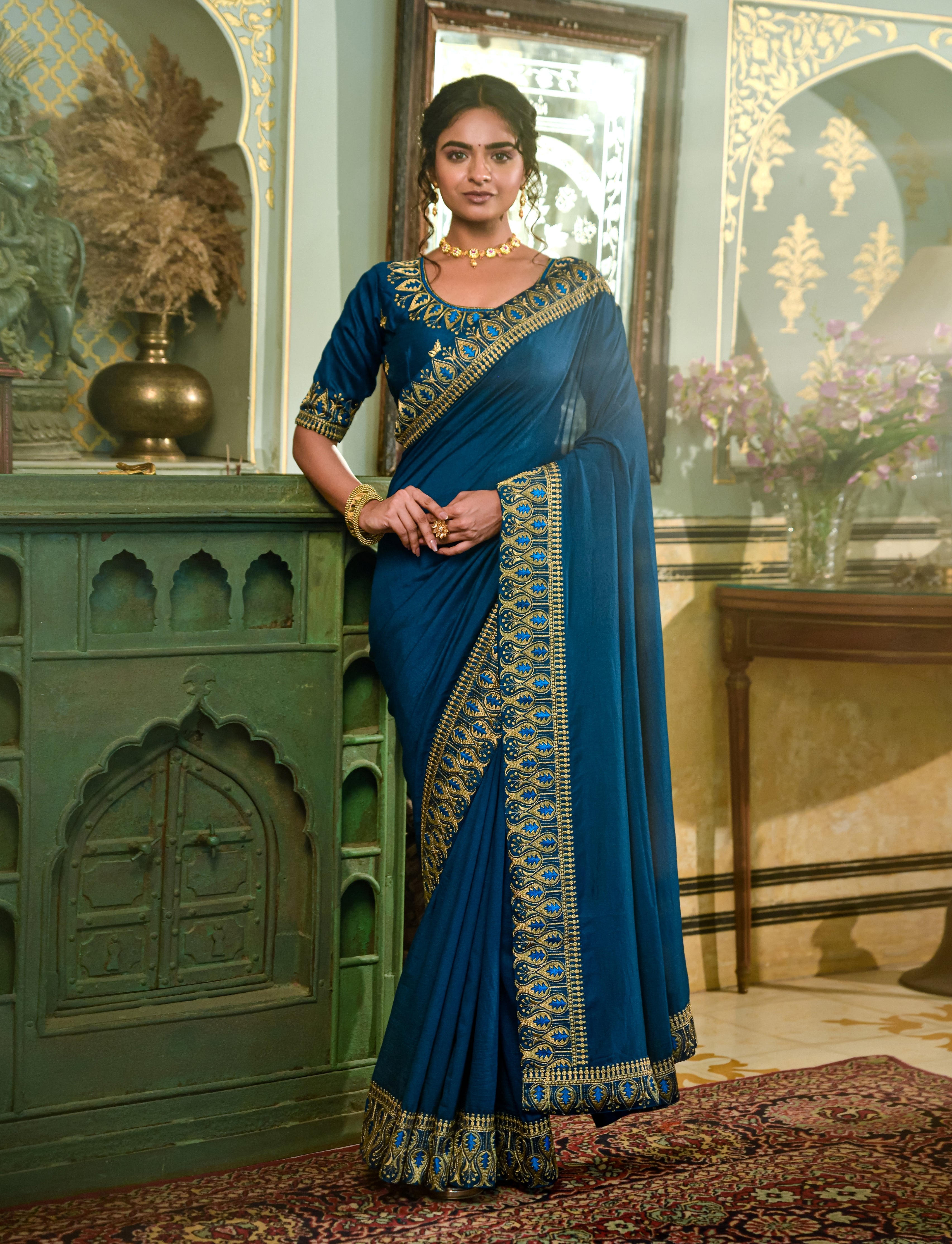 Peacock Blue Casual Wear Bandhani Printed Silk Saree