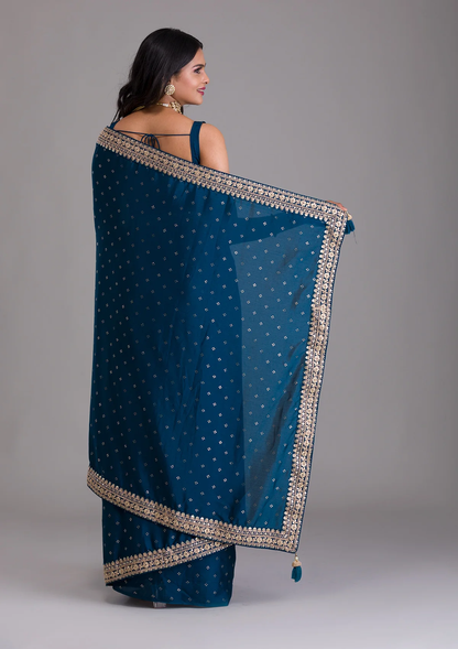 petrol colour sequence embroidery work saree - Joshindia