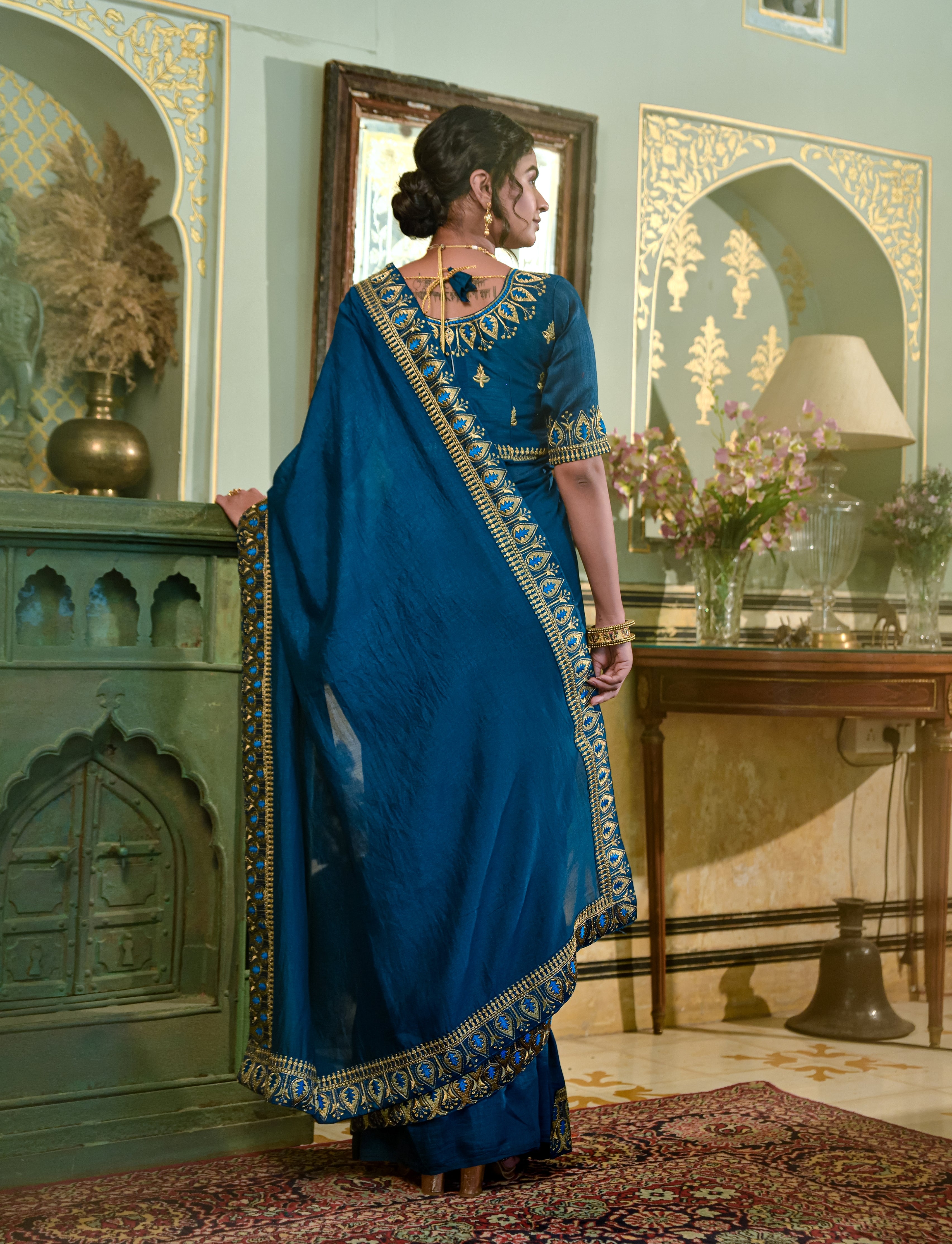 Buy Blue Raw Silk Embroidered Damini Pre-draped Saree With Blouse For Women  by Studio Bagechaa Online at Aza Fashions.