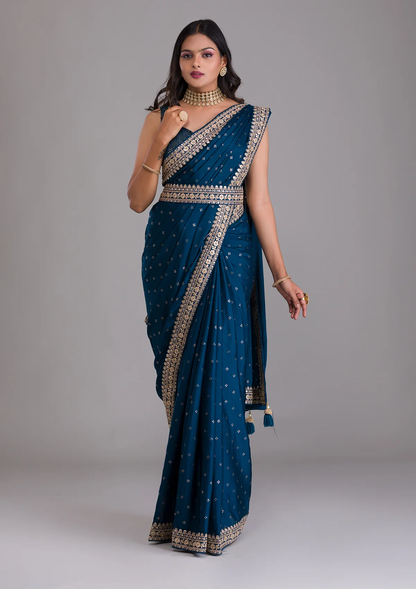 petrol colour sequence embroidery work saree - Joshindia