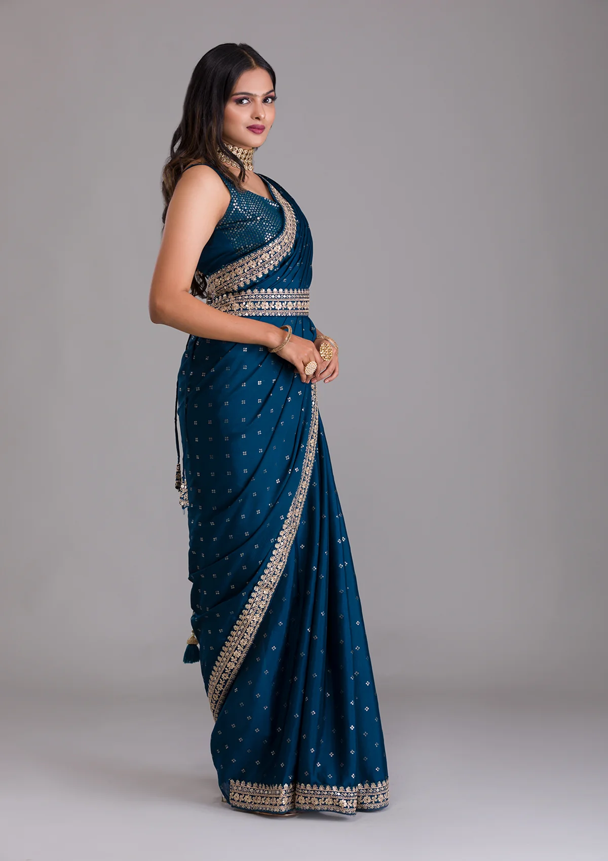 petrol colour sequence embroidery work saree - Joshindia