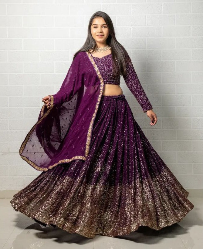 Buy Purple color semi-velvet bridal lehenga choli at fealdeal.com