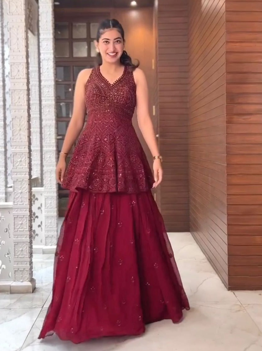 Shop Maroon Embroidered Layered Lehenga Online in USA with Net Dupatta –  Pure Elegance