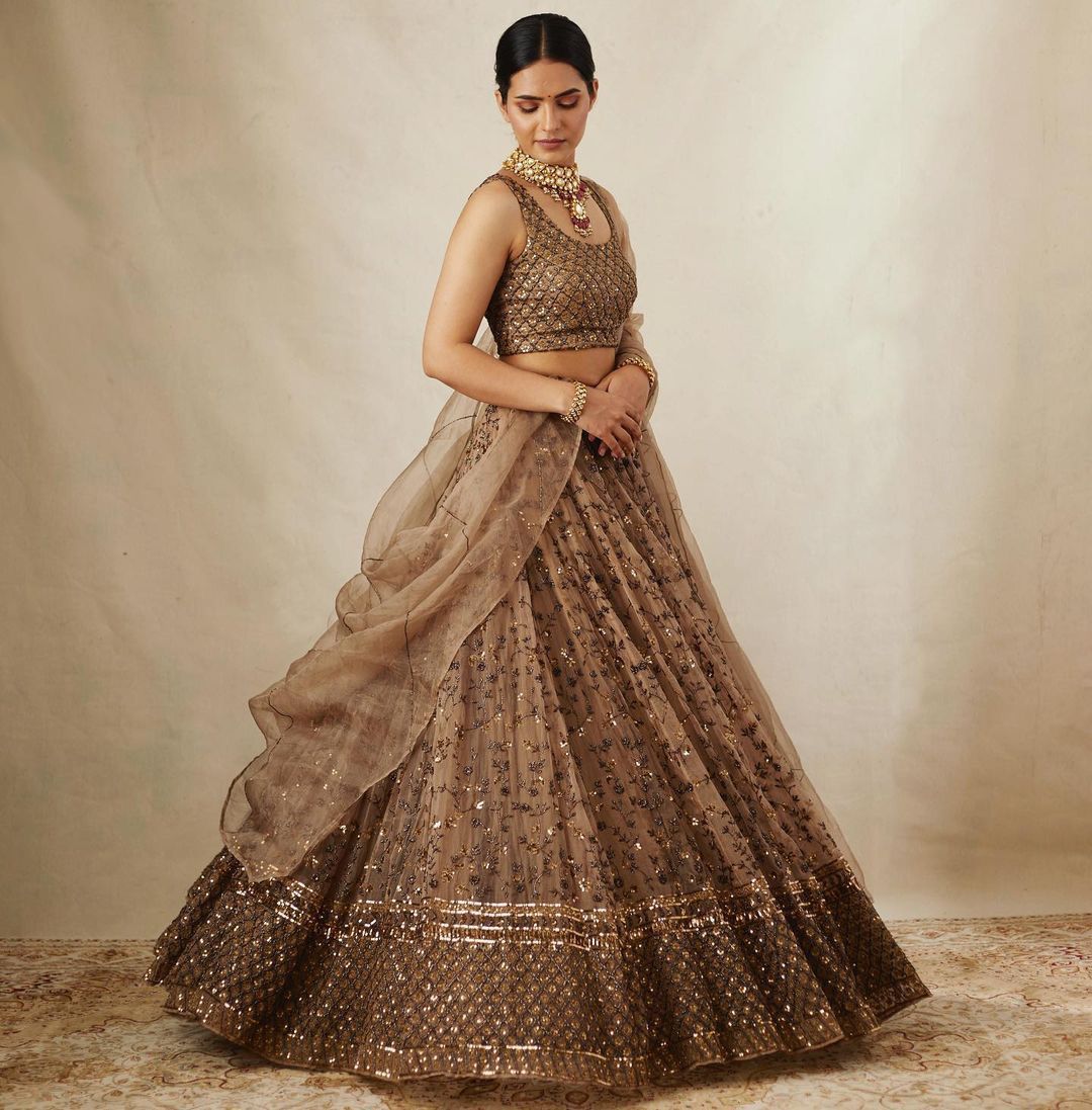 Buy Brown Blouse Raw Silk Embroidery Mirror Notched Stripe Lehenga Set For  Women by Alaya Advani Online at Aza Fashions.