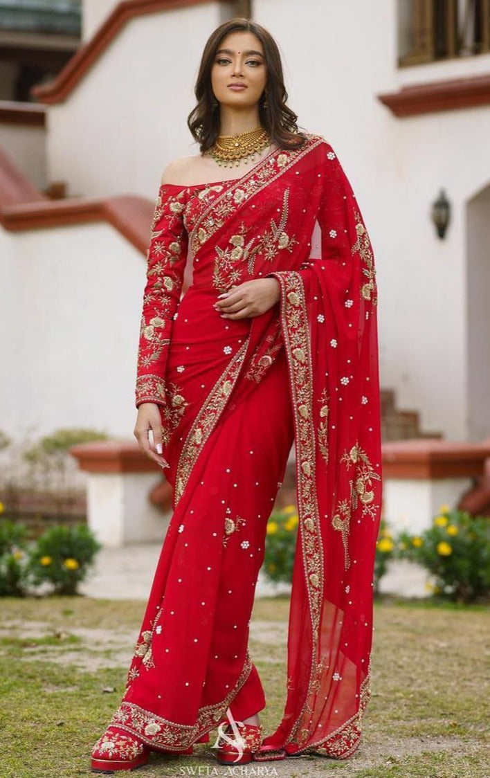 Red Stone, Sequins and Silver Zari work Saree with Matching Unstitched –  Seasons Chennai