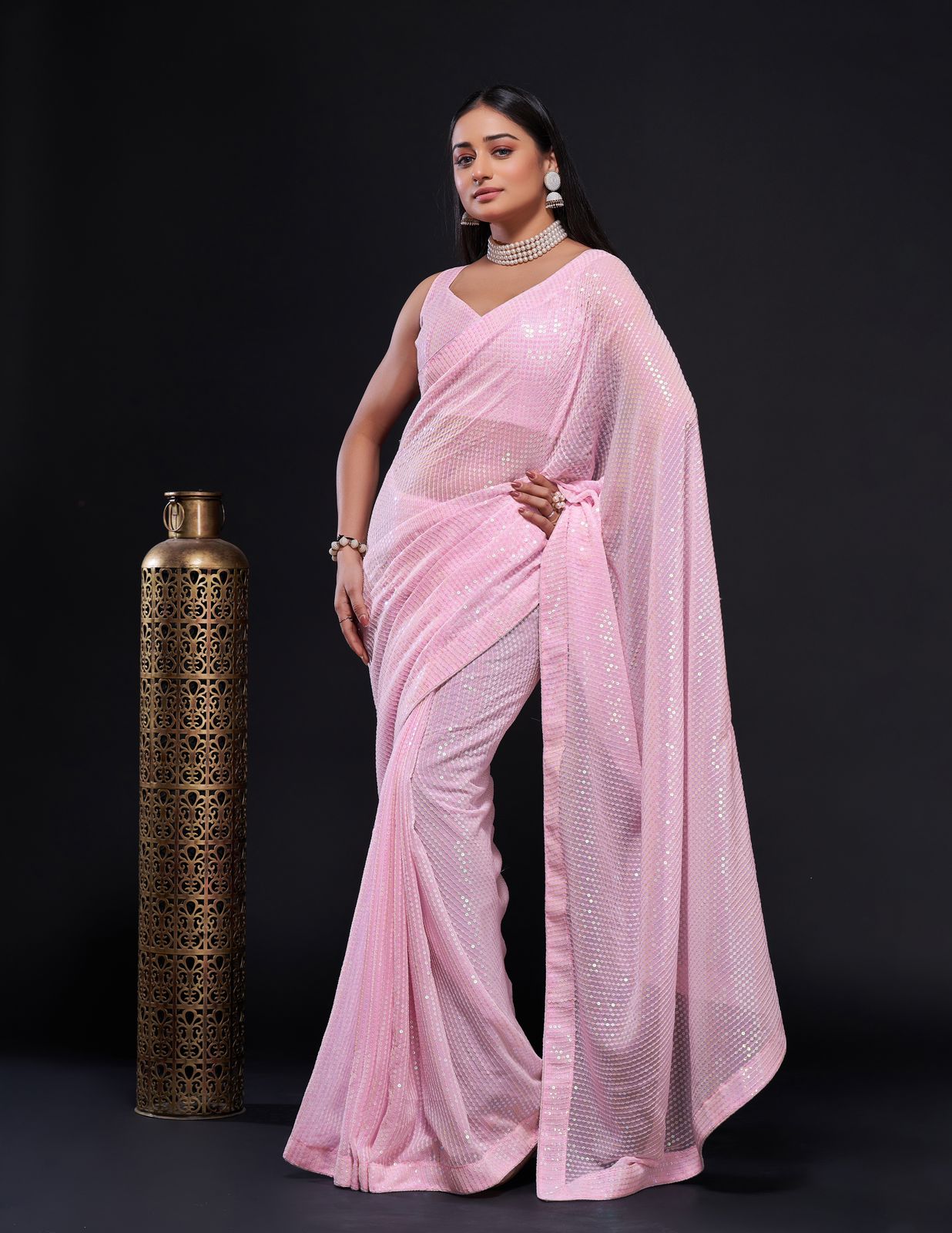 Pink Georgette Embellished Saree With Unstitched Blouse - Cl