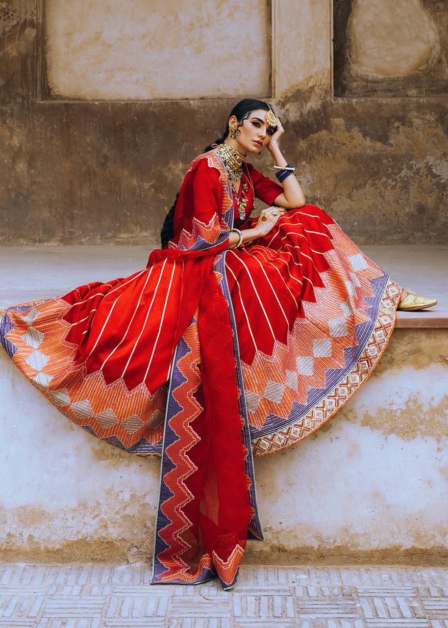 3 Pc Fully Stitched Red Orange Grey Banarasi Silk Wedding Lehenga Blou –  Zenia Creations