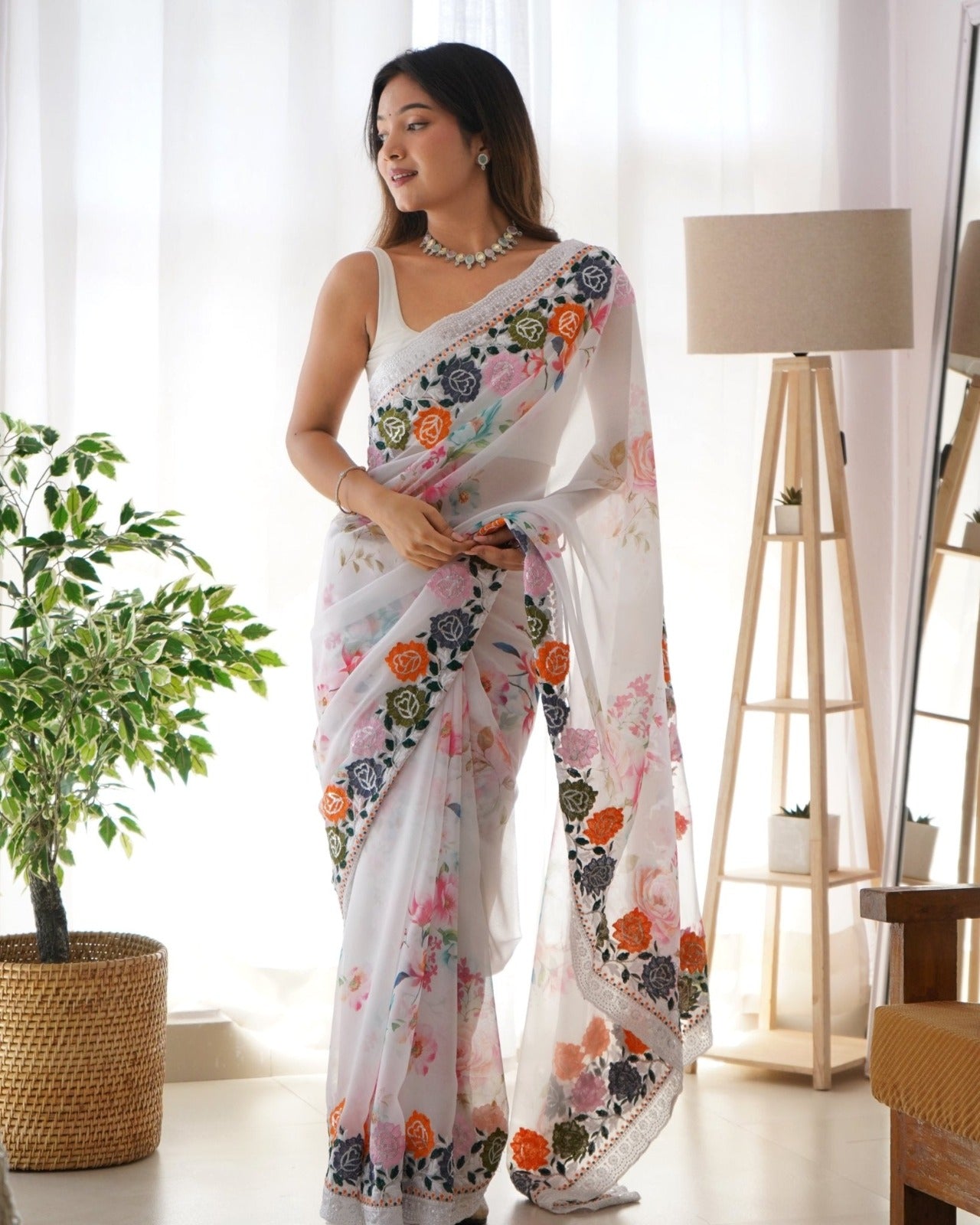 Sequence Work Floral Printed Sarees - Joshindia