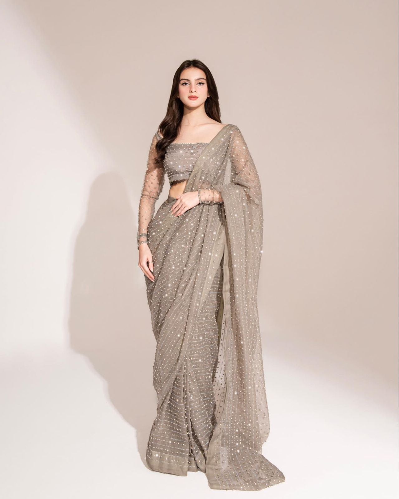 Grey Pearl and Diamond Work Embellished Saree - Joshindia