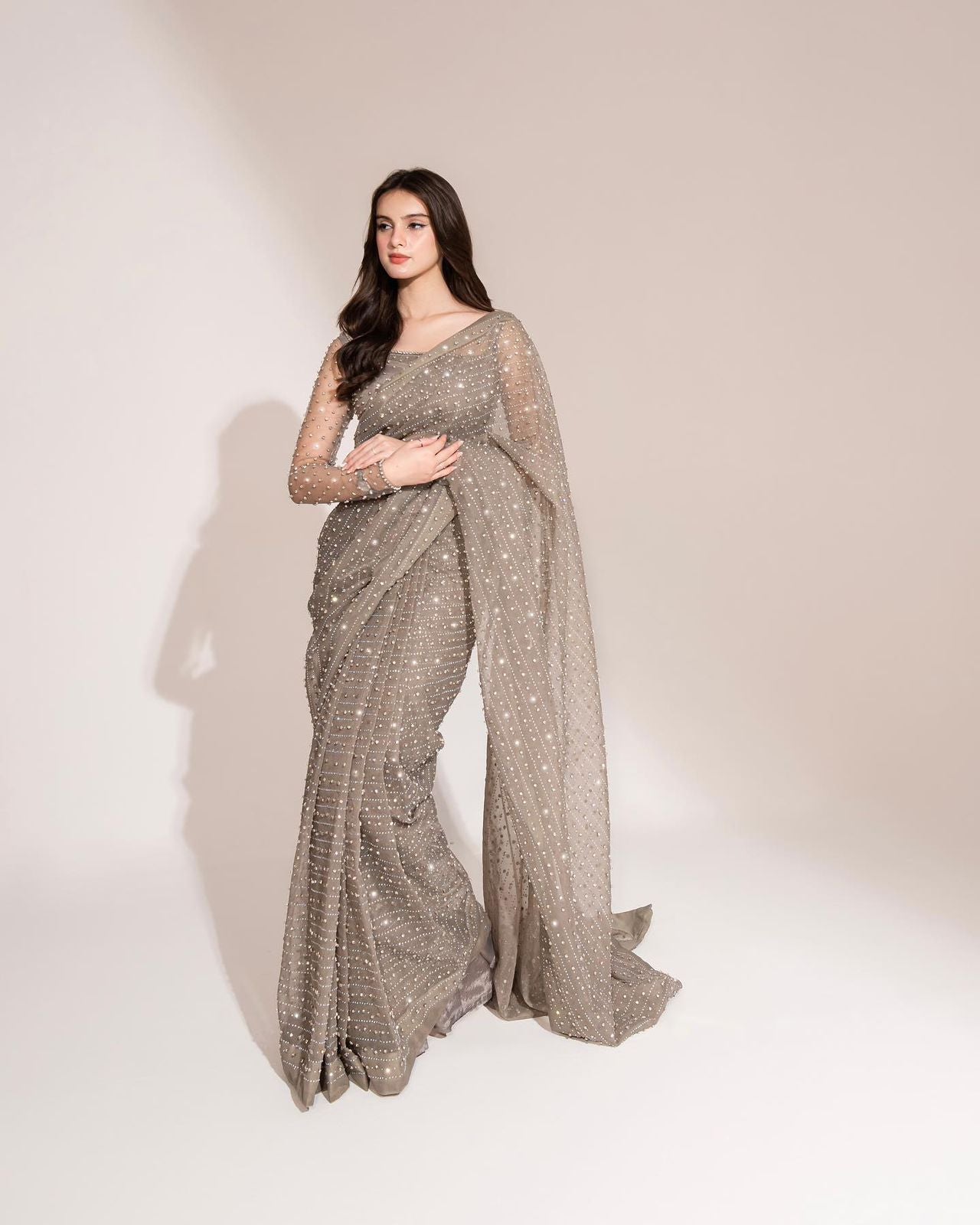 Grey Pearl and Diamond Work Embellished Saree - Joshindia