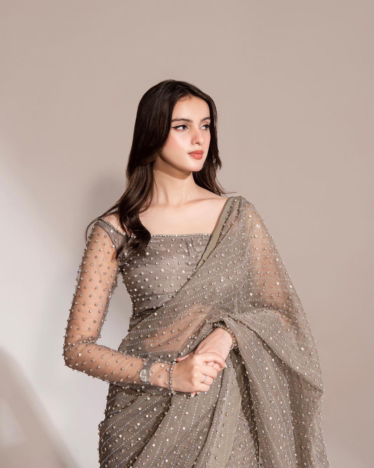 Grey Pearl and Diamond Work Embellished Saree - Joshindia