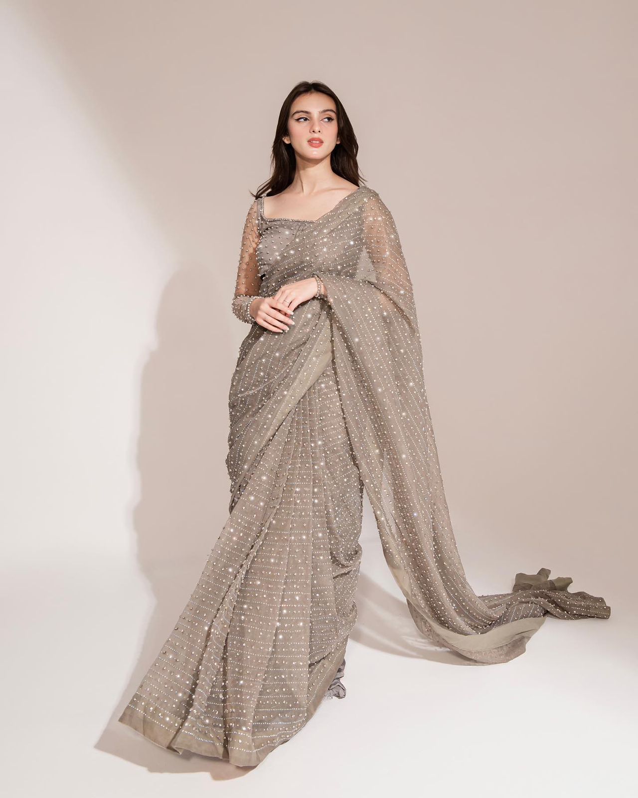 Grey Pearl and Diamond Work Embellished Saree - Joshindia