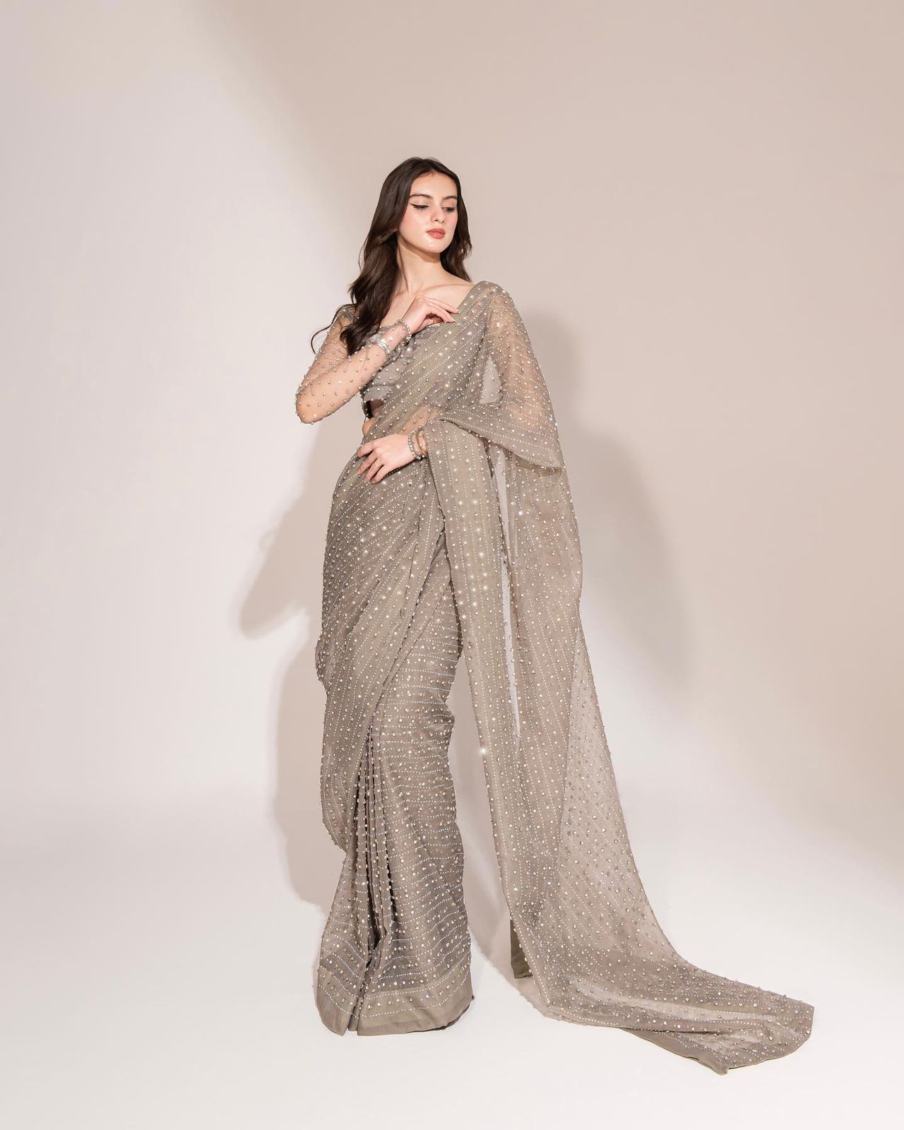 Grey Pearl and Diamond Work Embellished Saree - Joshindia