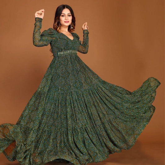 Green Georgette Printed Gown With Fancy Belt - Joshindia