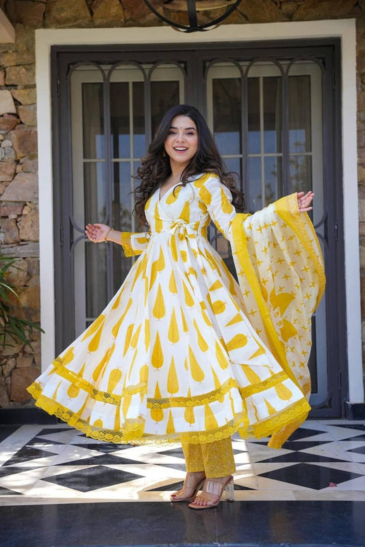 White And Yellow Leaf Print Anarkali Suit Set - Joshindia