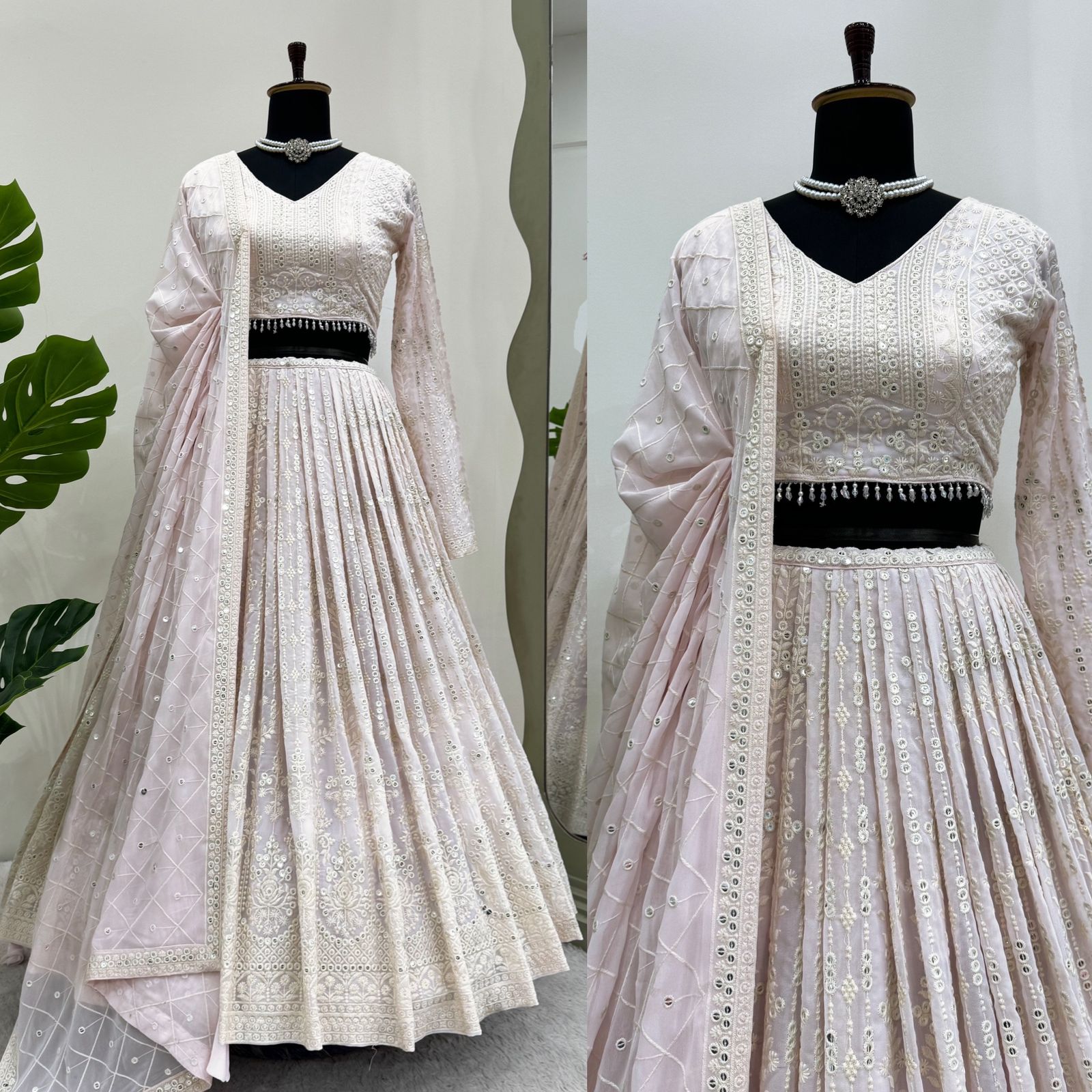 Pastel Pink Georgette Lehenga Set with Sequin Embroidery - Joshindia