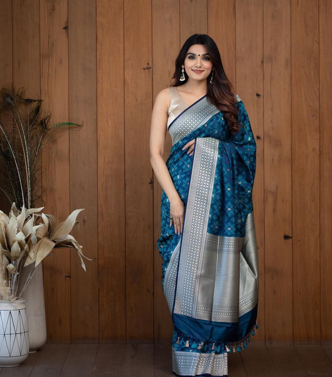 BLUE COLOR SOFT LICHI SILK SAREE - Joshindia