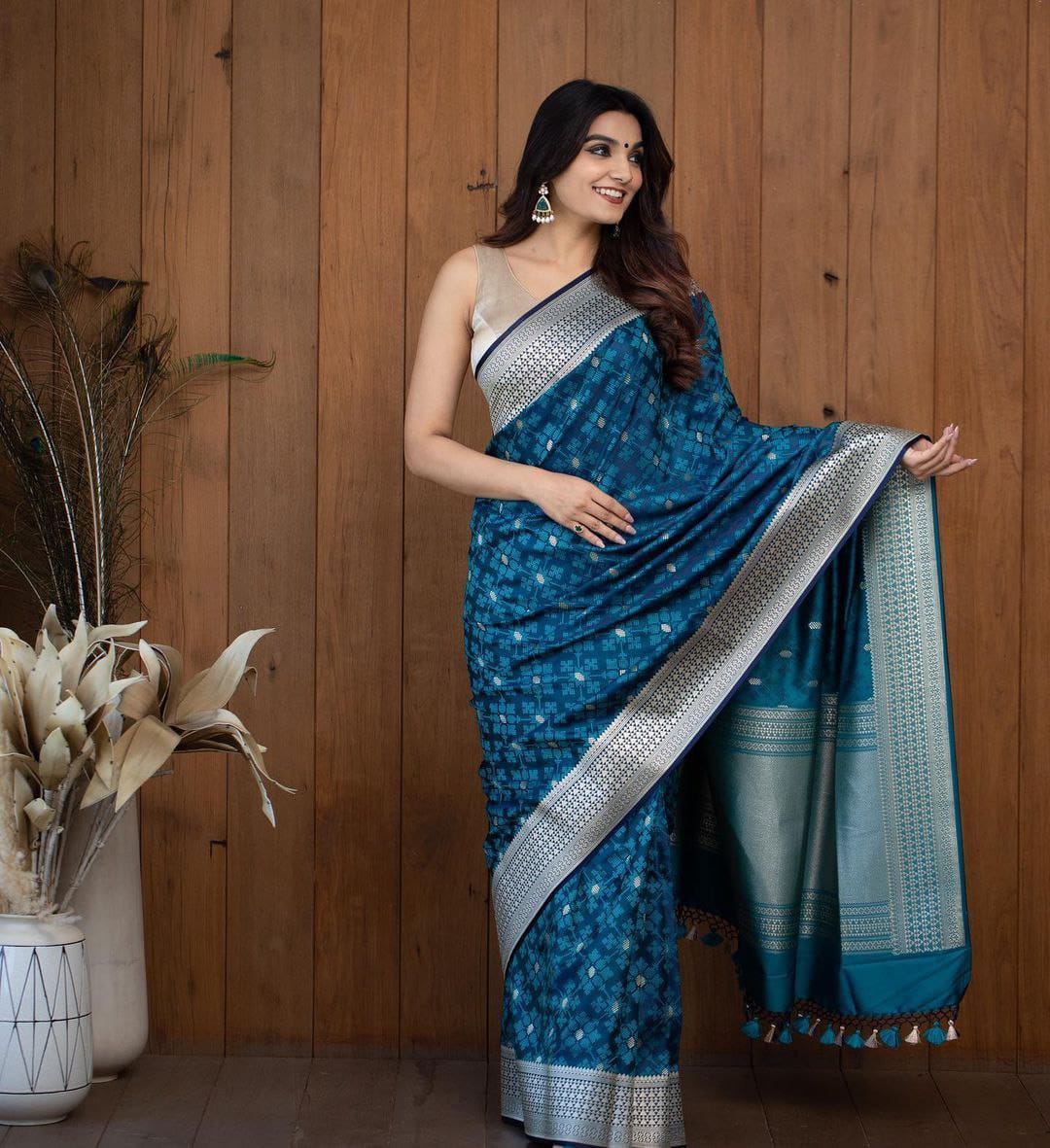 BLUE COLOR SOFT LICHI SILK SAREE - Joshindia