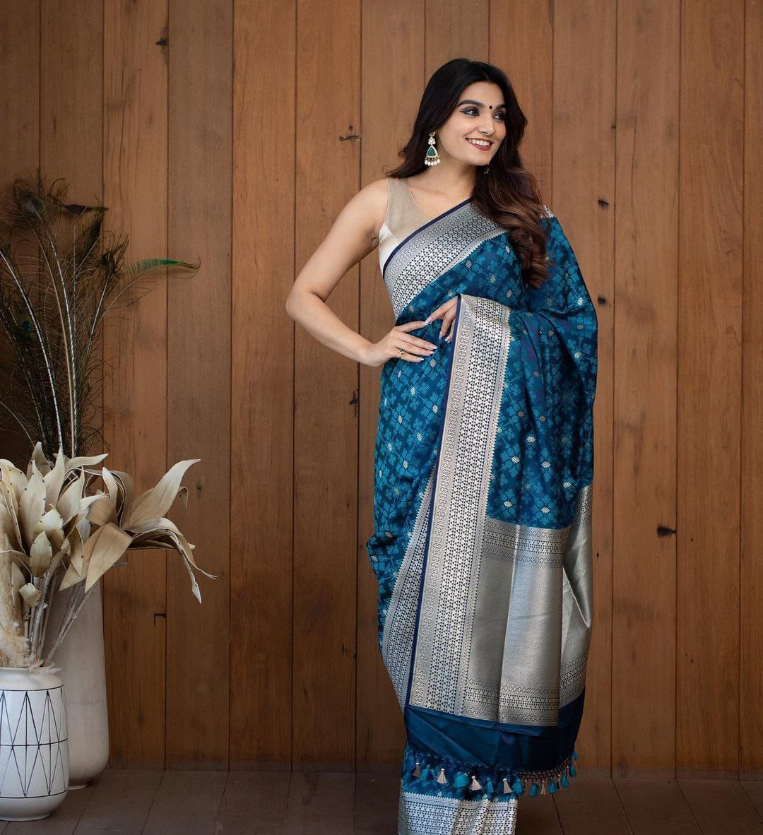 BLUE COLOR SOFT LICHI SILK SAREE - Joshindia