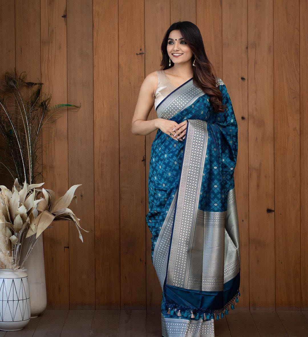 BLUE COLOR SOFT LICHI SILK SAREE - Joshindia