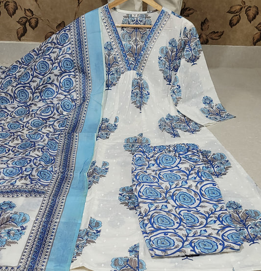 Beautiful white and blue painted cotton kurta set