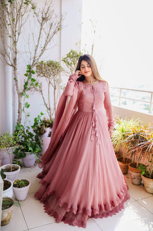 Peach Color Faux Georgette Anarkali Gown With Dupatta