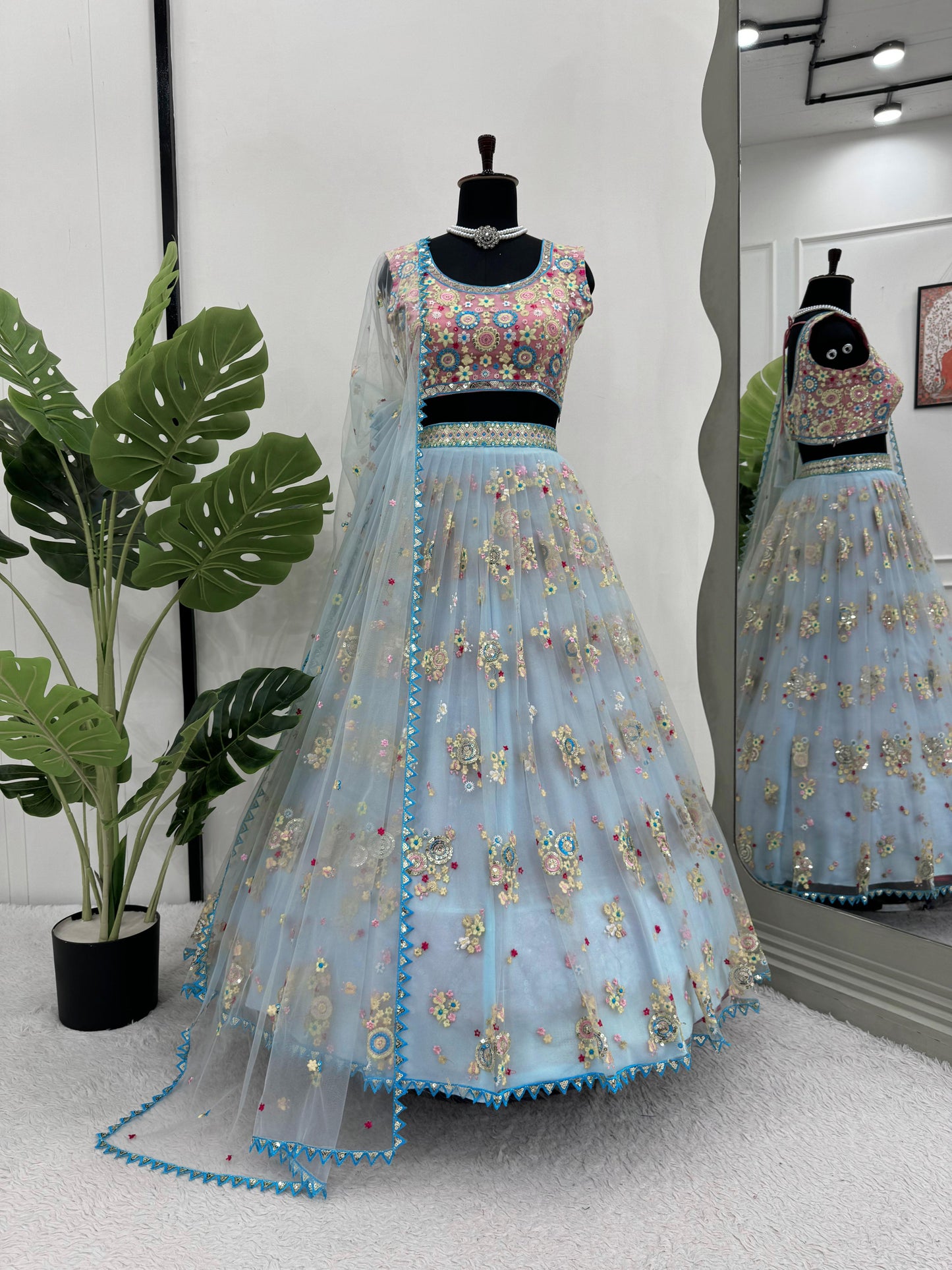 Dreamy Light Blue Butterfly Net Lehenga with Thread & Sequence Embroidery