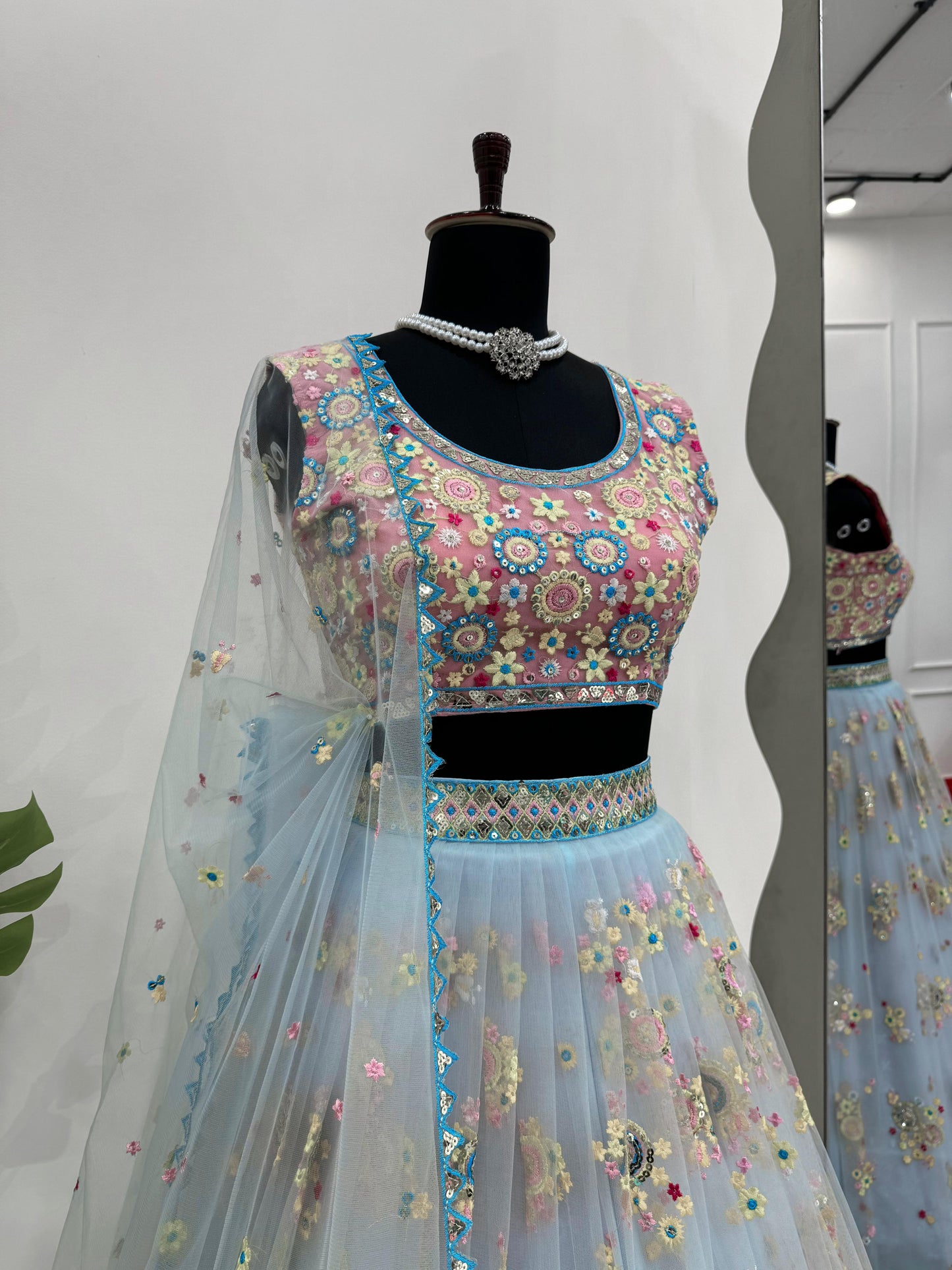 Dreamy Light Blue Butterfly Net Lehenga with Thread & Sequence Embroidery