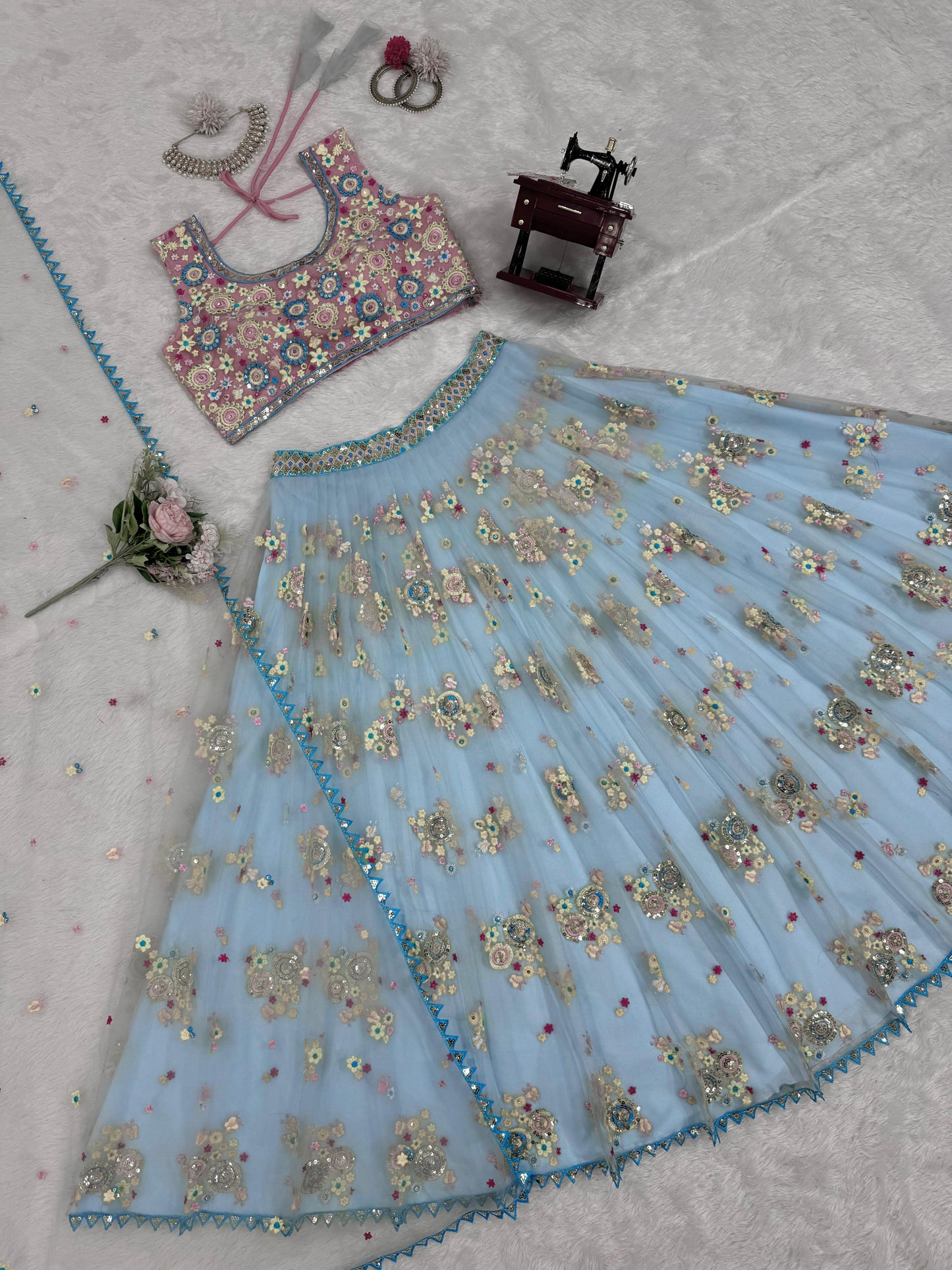 Dreamy Light Blue Butterfly Net Lehenga with Thread & Sequence Embroidery