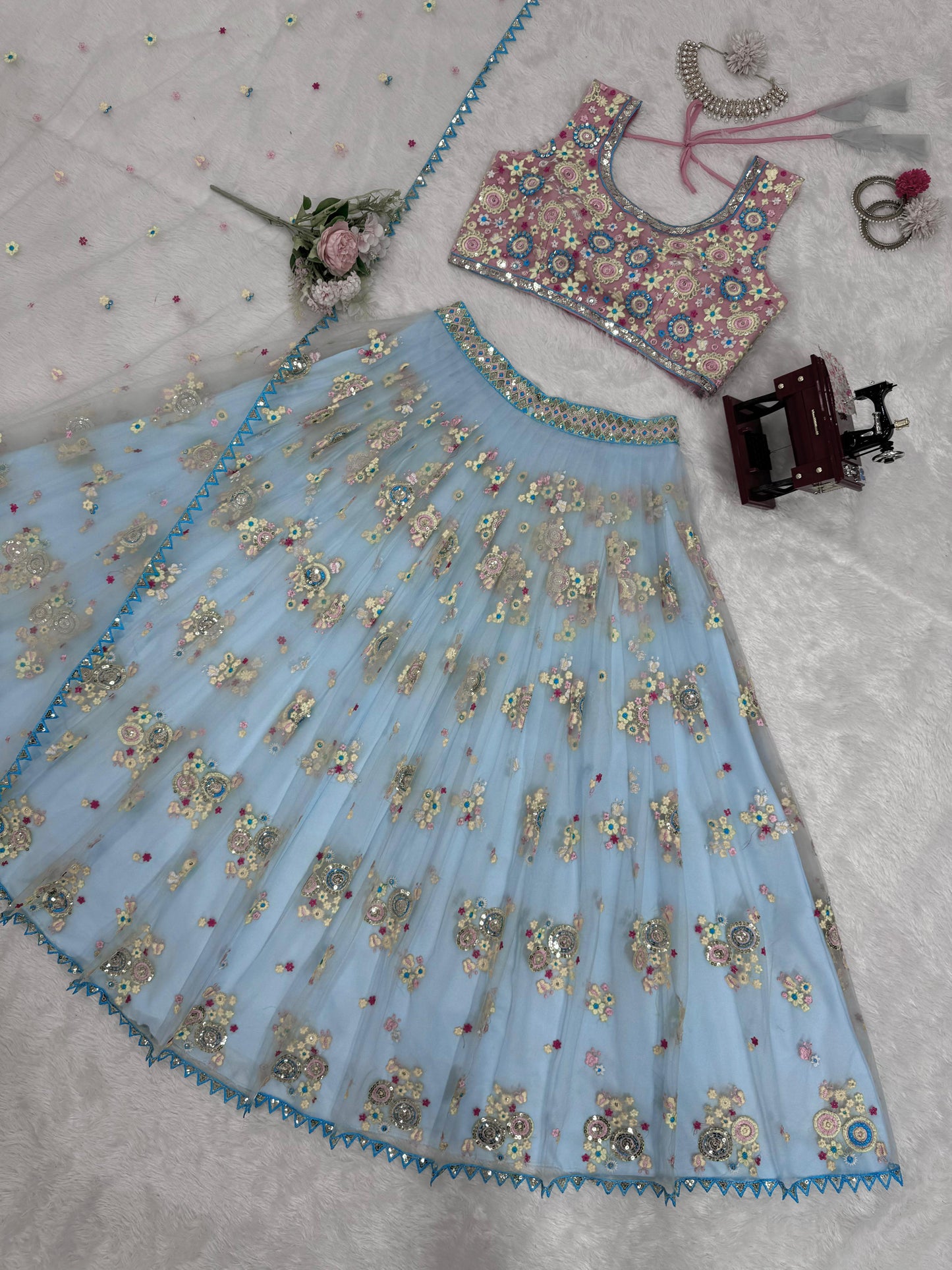 Dreamy Light Blue Butterfly Net Lehenga with Thread & Sequence Embroidery