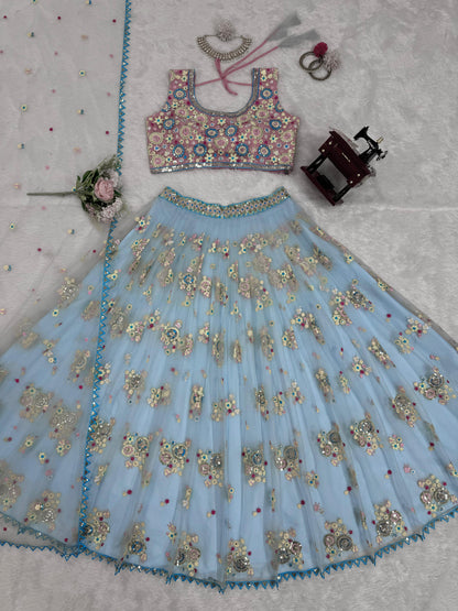 Dreamy Light Blue Butterfly Net Lehenga with Thread & Sequence Embroidery