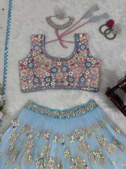 Dreamy Light Blue Butterfly Net Lehenga with Thread & Sequence Embroidery