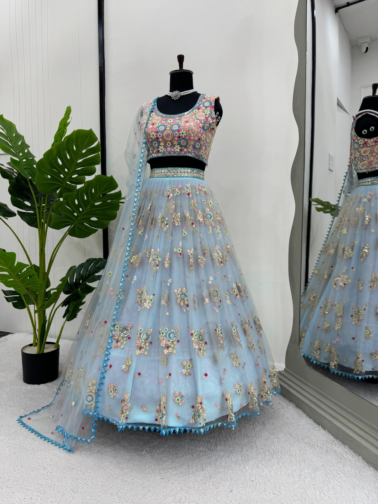 Dreamy Light Blue Butterfly Net Lehenga with Thread & Sequence Embroidery