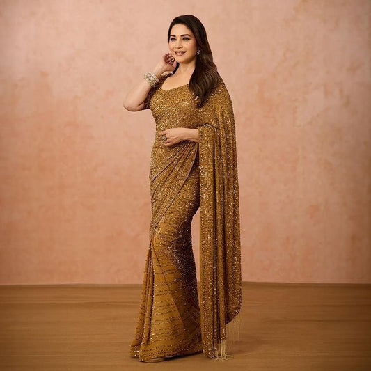 Golden Color Georgette Sequins Embroidery Saree