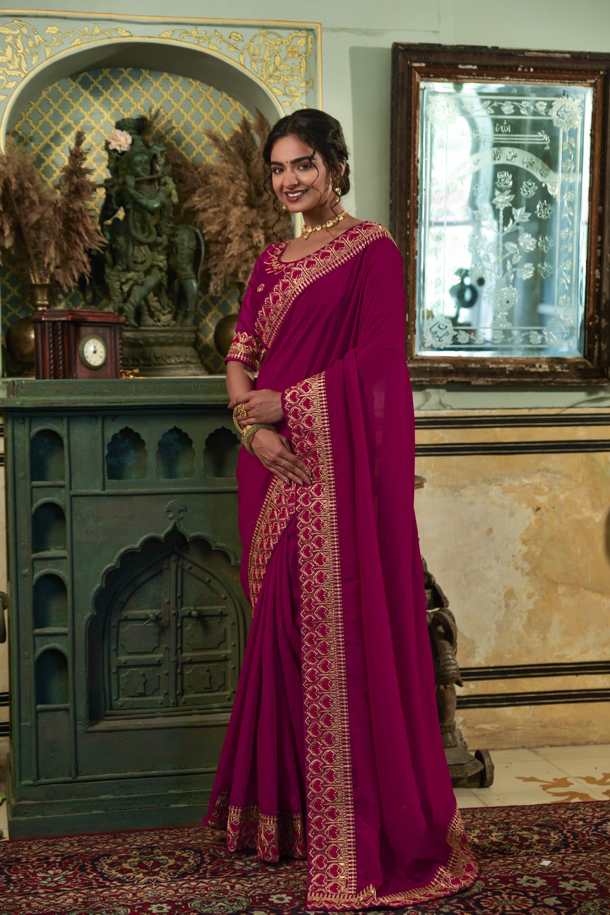 Pink & Purple Designer Embroidered Chiffon Silk Saree with Sequence wo –  Ethnos